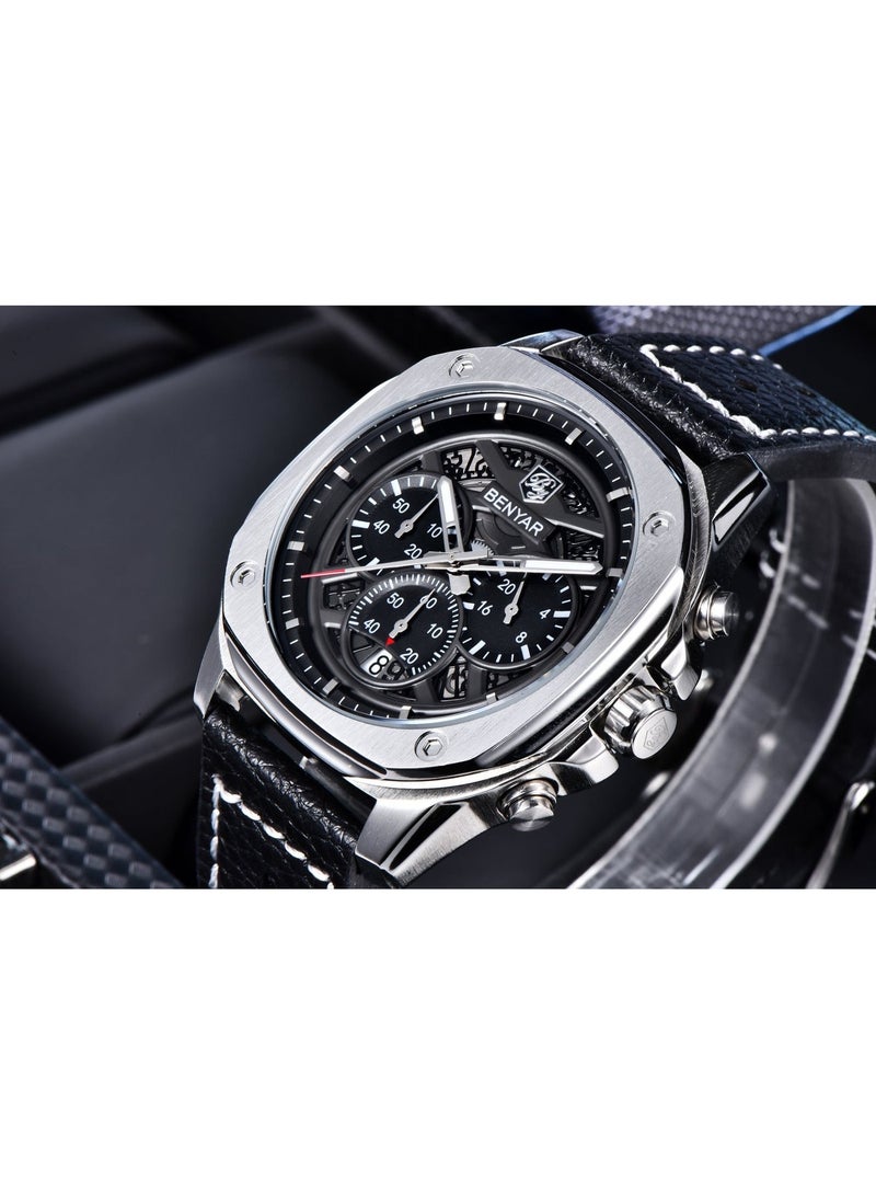 BENYAR Watches for Men Luxury Quartz Water Resistant Watch Men's Chronograph Genuine Leather Strap 5200 Black - Image 3