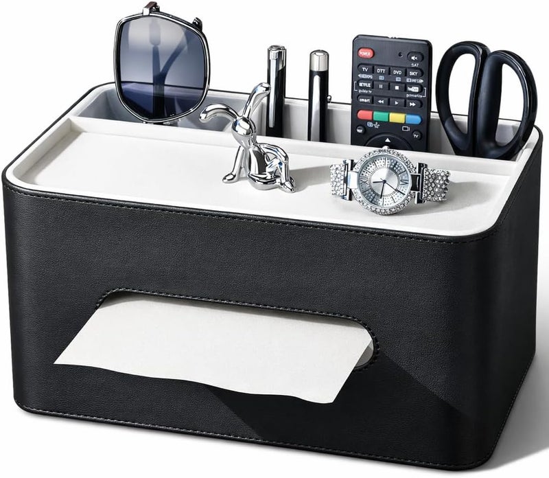 KINGFOM PU Leather Tissue Box Cover Rectangular with Storage Organizer, Multifunctional Remote Control Holder, Desk Organizer for Living Room, Bedroom, Office, Decorative Tissue Holder with Compartments Black - Image 1