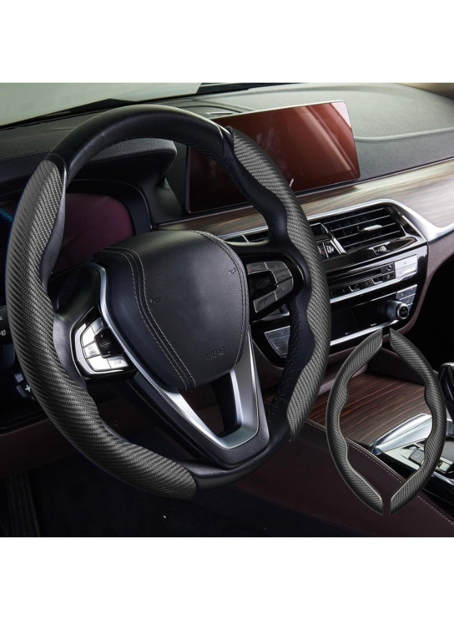 D-Shape Black Carbon Fiber x Leather Steering Wheel Cover - Image 1