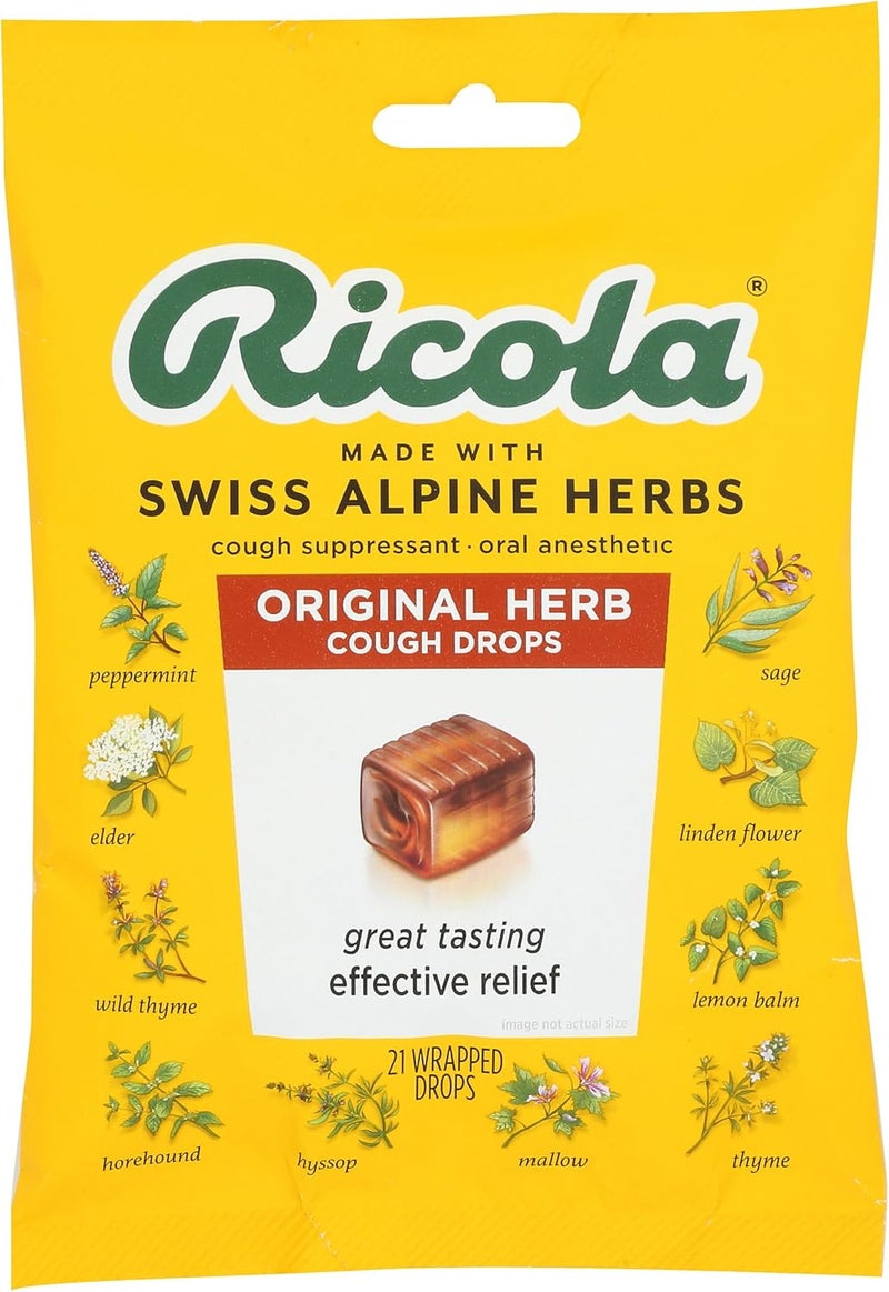 Ricola Original Swiss Herb Cough Suppressant Throat Drops, 21 Drops, Fights Coughs Naturally, Soothes Throats, Naturally Soothing Relief