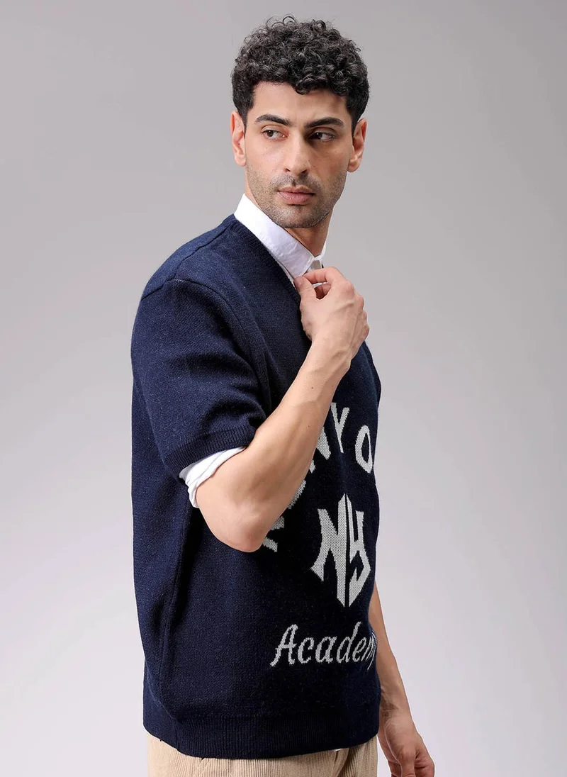 The Indian Garage Co Men Boxy Fit Slogan V-Neck Sweater