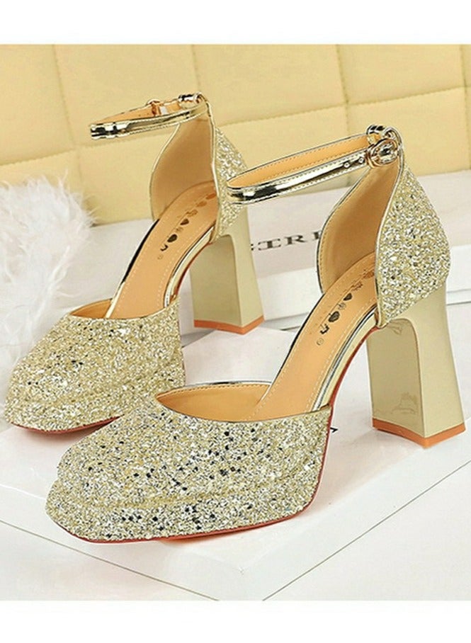 BIGTREE Womens Shiny Sequins Platform Chunky High Heel Square Closed Toe Ankle Strap Pumps Light Gold 9CM - Image 1