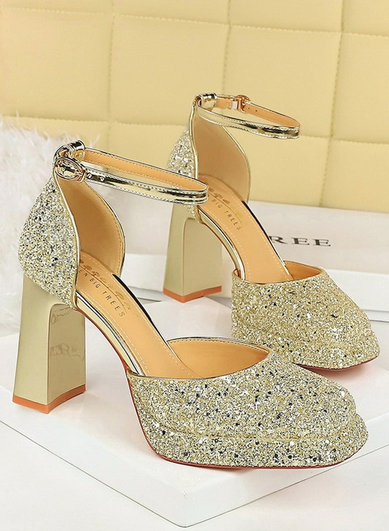 BIGTREE Womens Shiny Sequins Platform Chunky High Heel Square Closed Toe Ankle Strap Pumps Light Gold 9CM - Image 2