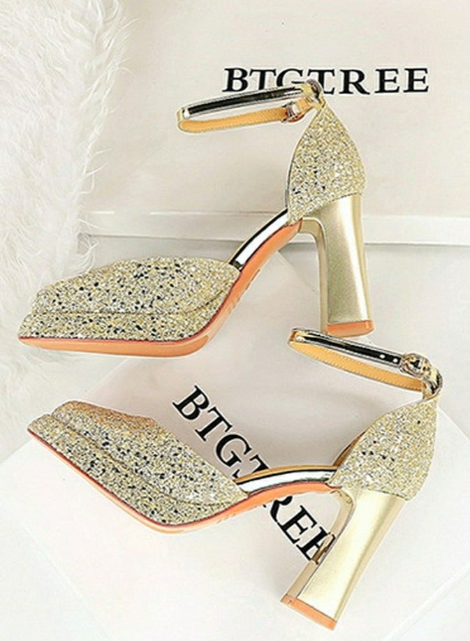 BIGTREE Womens Shiny Sequins Platform Chunky High Heel Square Closed Toe Ankle Strap Pumps Light Gold 9CM - Image 3