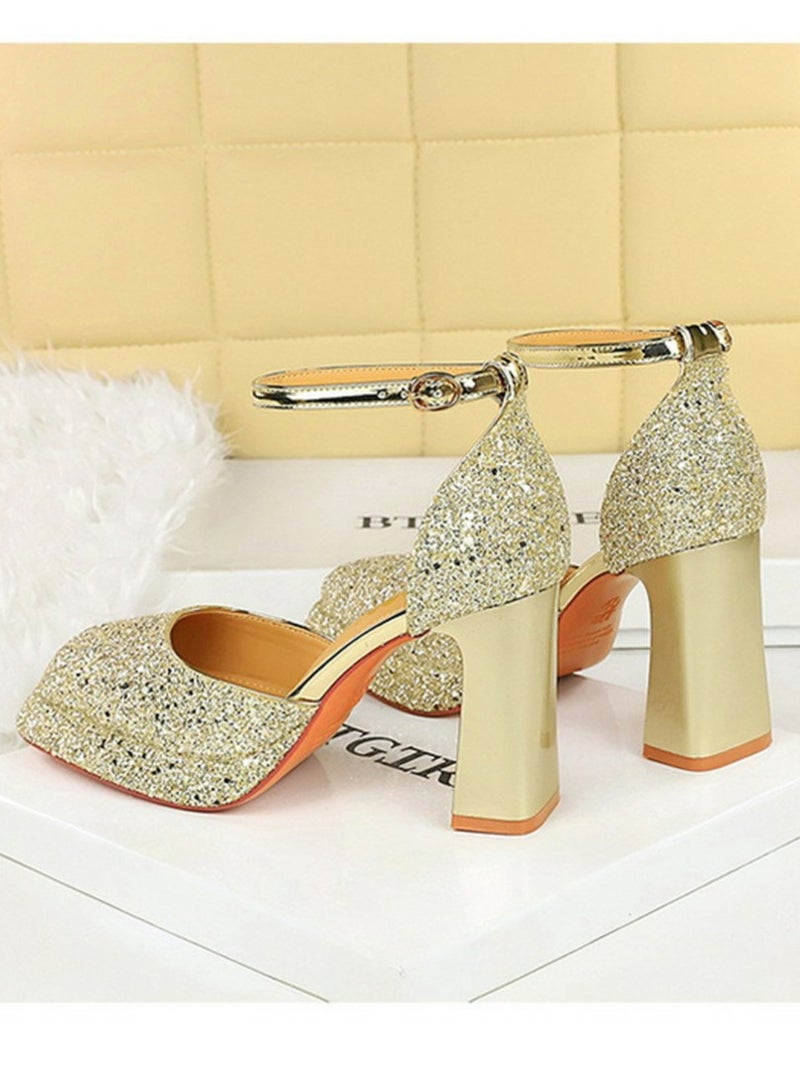 BIGTREE Womens Shiny Sequins Platform Chunky High Heel Square Closed Toe Ankle Strap Pumps Light Gold 9CM - Image 4