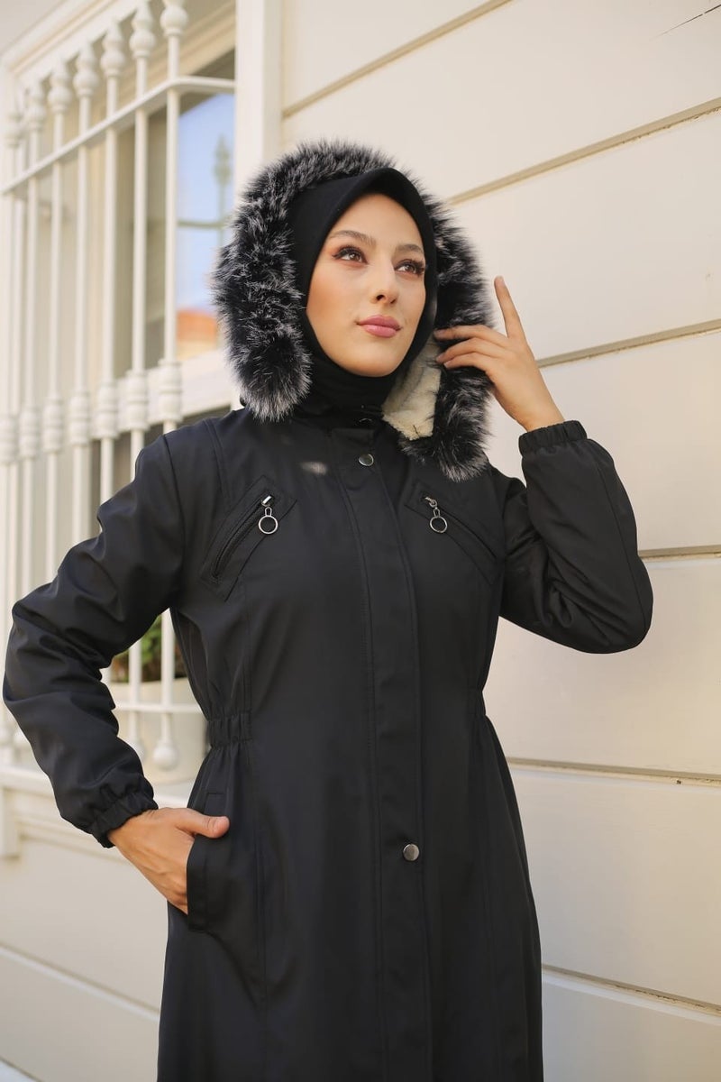 Vibeys Collection Black Fur Lined and Waterproof Women's Winter Coat & Jacket  - Image 2