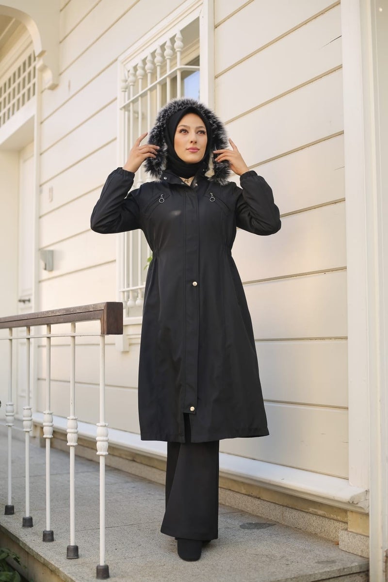 Vibeys Collection Black Fur Lined and Waterproof Women's Winter Coat & Jacket  - Image 3