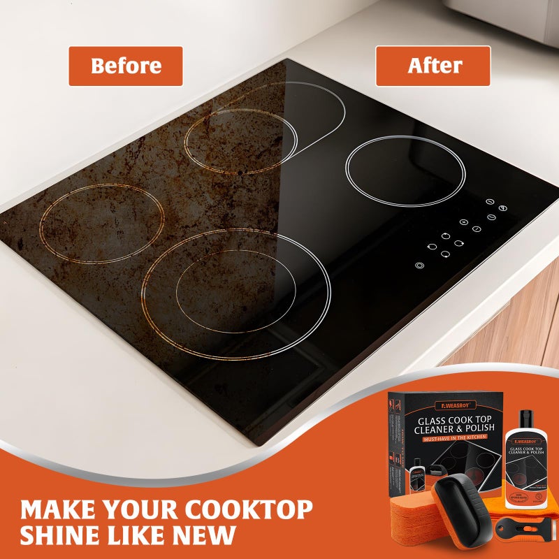 AWEASROY Glass Stove Top Cleaner Kit 12 oz, Cooktop Cleaner and Polish Non-Abrasive No Scratch Removes Tough Stains, with Scrubbing Pad, Handle, Scraper, Cloth - Image 5