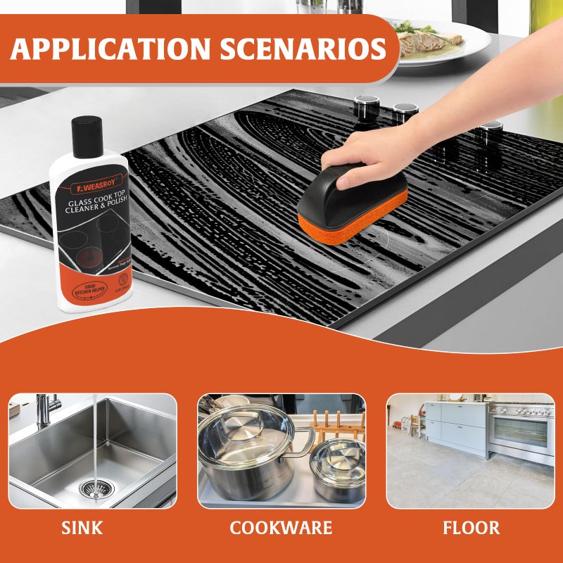 AWEASROY Glass Stove Top Cleaner Kit 12 oz, Cooktop Cleaner and Polish Non-Abrasive No Scratch Removes Tough Stains, with Scrubbing Pad, Handle, Scraper, Cloth - Image 3