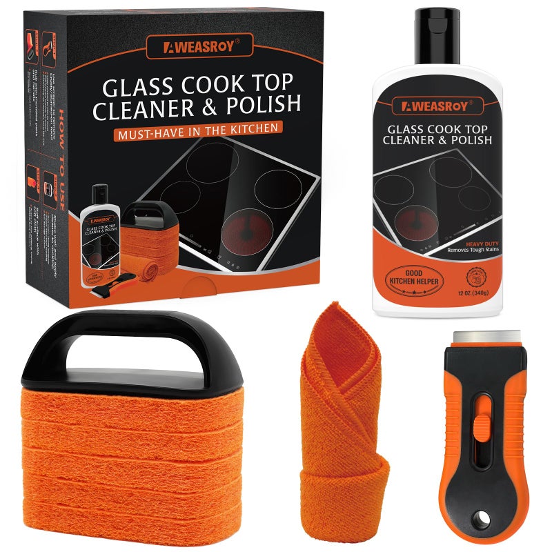 AWEASROY Glass Stove Top Cleaner Kit 12 oz, Cooktop Cleaner and Polish Non-Abrasive No Scratch Removes Tough Stains, with Scrubbing Pad, Handle, Scraper, Cloth - Image 1