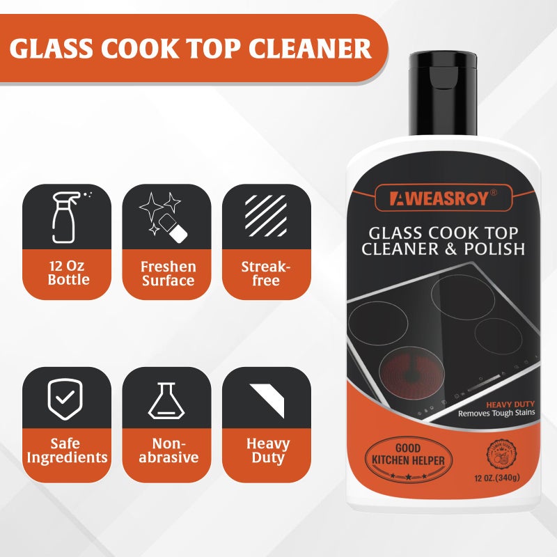 AWEASROY Glass Stove Top Cleaner Kit 12 oz, Cooktop Cleaner and Polish Non-Abrasive No Scratch Removes Tough Stains, with Scrubbing Pad, Handle, Scraper, Cloth - Image 2