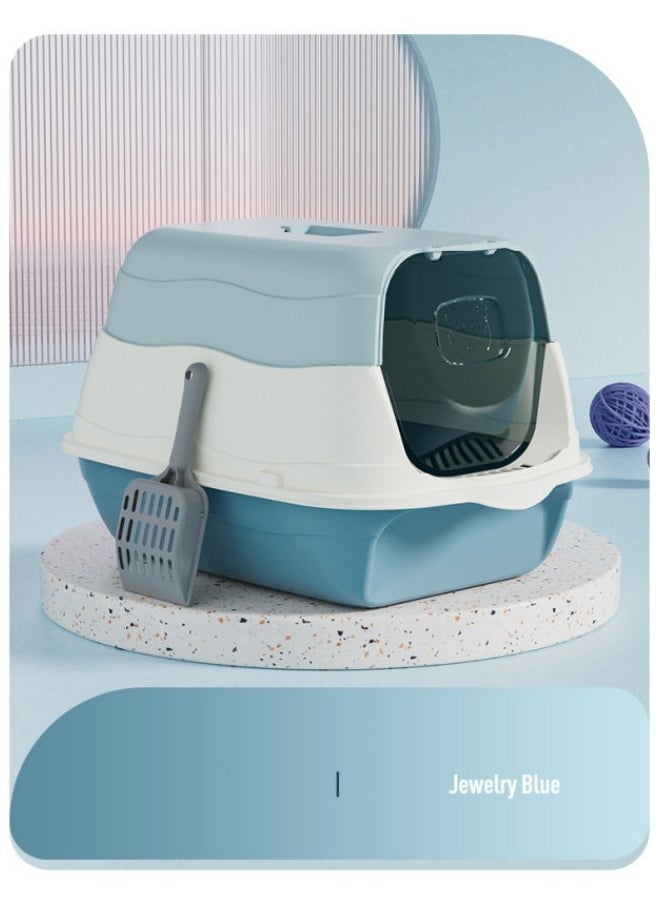 Generic - Semi-Enclosed Sifting Litter Box Anti-Splash with Spoon Kitten Open Top Litter Tray High Sides Cat Litter Box Cat Travel Toilet(Blue) - Image 1