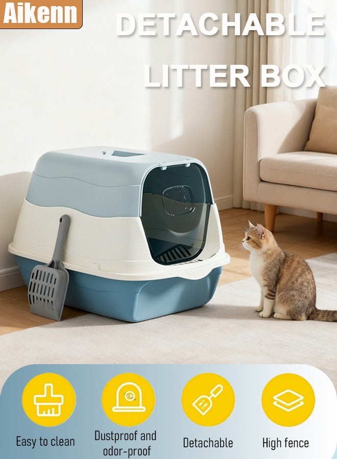 Enclosed Cat Litter Box, High-Quality PP Material, Anti-Splash with Sand Leak Pedal, Detachable & Easy to Clean, Spacious for 7.5kg Cats (50x34x33cm), Includes Shovel, Odor-Reducing, Indoor Use Blue - Image 1