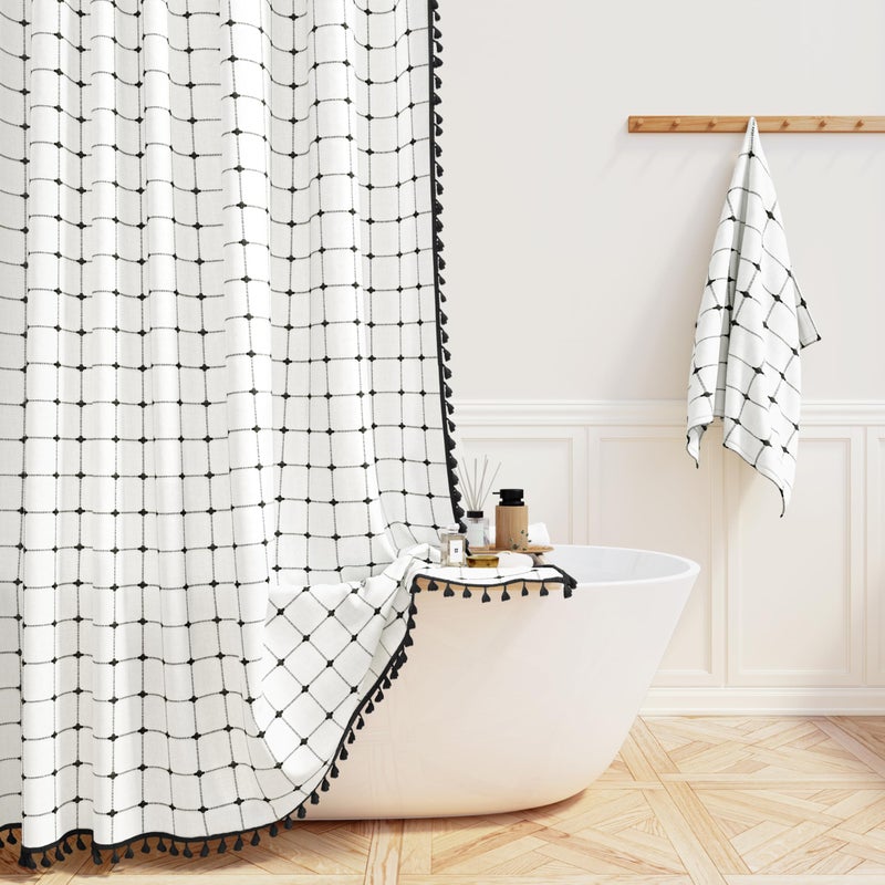 BTTN White and Black Boho Shower Curtain - Linen Rustic Farmhouse Heavy Duty Fabric Shower Curtain Set with Tassel, Water Repellent, Bohemian Vintage Country Cloth Shower Curtains for Bathroom, 72x72 - Image 1