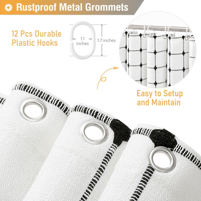 BTTN White and Black Boho Shower Curtain - Linen Rustic Farmhouse Heavy Duty Fabric Shower Curtain Set with Tassel, Water Repellent, Bohemian Vintage Country Cloth Shower Curtains for Bathroom, 72x72 - Image 4