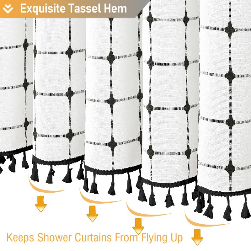 BTTN White and Black Boho Shower Curtain - Linen Rustic Farmhouse Heavy Duty Fabric Shower Curtain Set with Tassel, Water Repellent, Bohemian Vintage Country Cloth Shower Curtains for Bathroom, 72x72 - Image 5