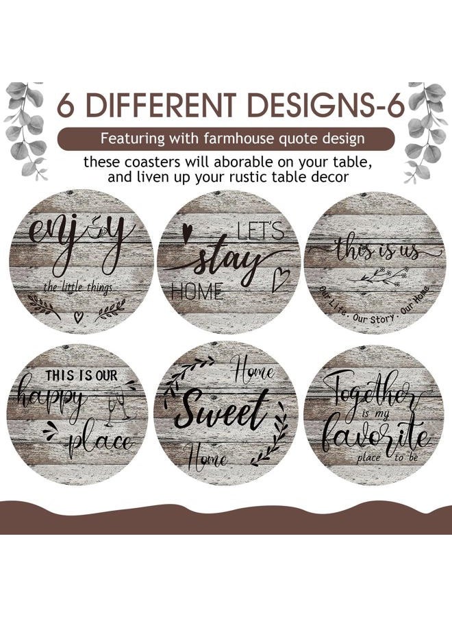 Queekay Coasters Set of 6 House Warming Gifts New Home Wooden Farmhouse Drink Coasters with Holder 4'' Funny Decoration for Kitchen Family Coffee Bar Tabletop Protection(Wood Color) - Image 4