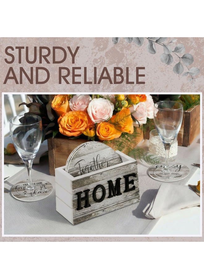 Queekay Coasters Set of 6 House Warming Gifts New Home Wooden Farmhouse Drink Coasters with Holder 4'' Funny Decoration for Kitchen Family Coffee Bar Tabletop Protection(Wood Color) - Image 5