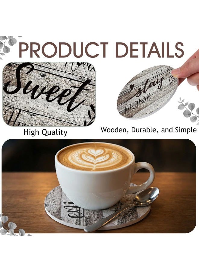 Queekay Coasters Set of 6 House Warming Gifts New Home Wooden Farmhouse Drink Coasters with Holder 4'' Funny Decoration for Kitchen Family Coffee Bar Tabletop Protection(Wood Color) - Image 3