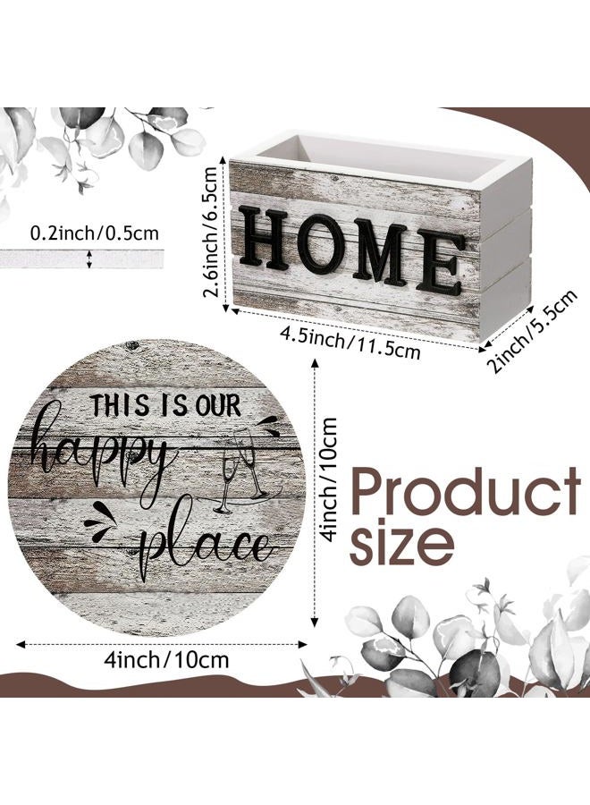 Queekay Coasters Set of 6 House Warming Gifts New Home Wooden Farmhouse Drink Coasters with Holder 4'' Funny Decoration for Kitchen Family Coffee Bar Tabletop Protection(Wood Color) - Image 2