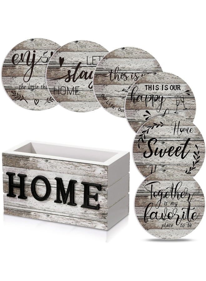 Queekay Coasters Set of 6 House Warming Gifts New Home Wooden Farmhouse Drink Coasters with Holder 4'' Funny Decoration for Kitchen Family Coffee Bar Tabletop Protection(Wood Color) - Image 1