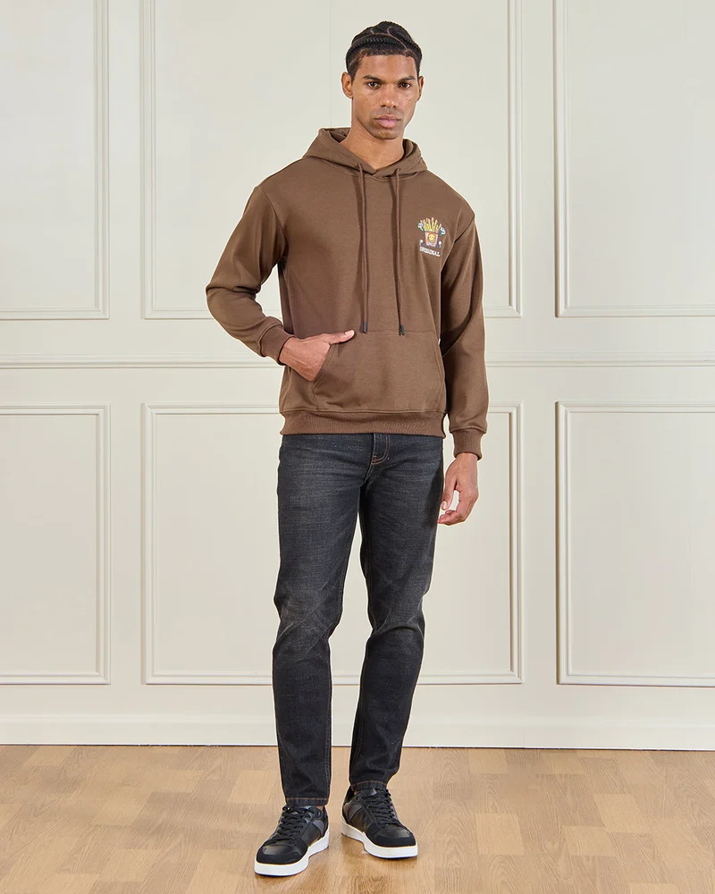 Redtag Men Brown Bonded Hooded Sweatshirt