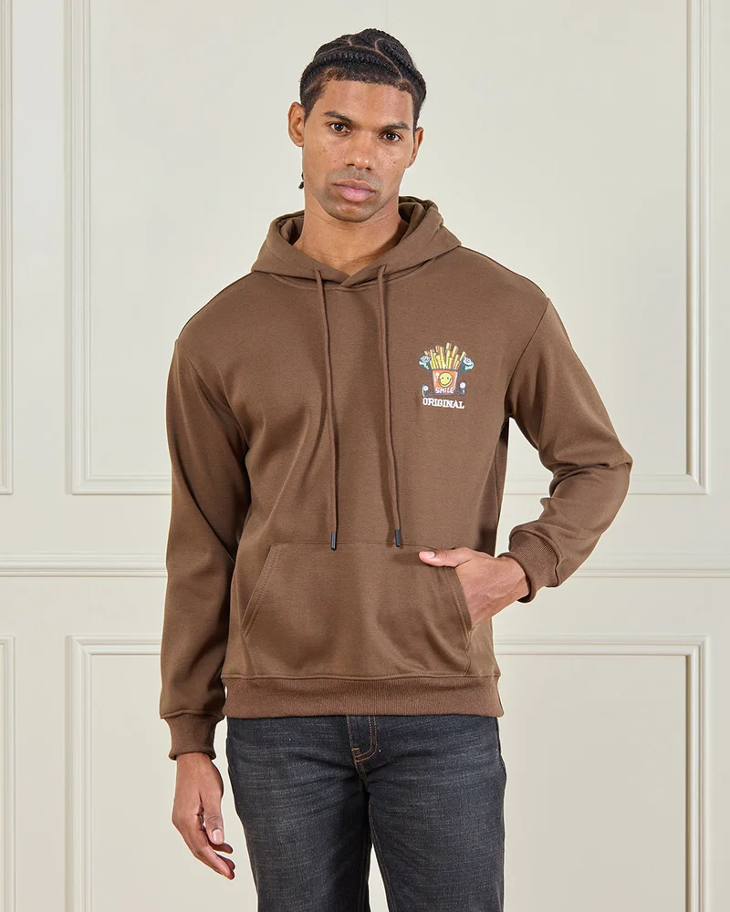 Redtag Men Brown Bonded Hooded Sweatshirt