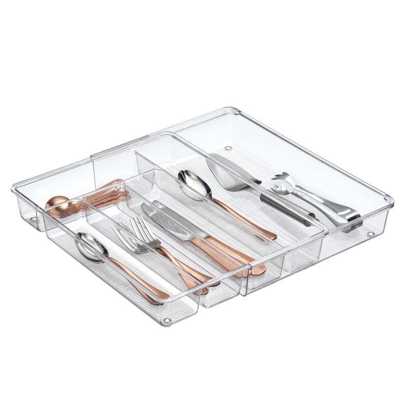 mDesign Adjustable, Expandable Plastic Kitchen Cabinet Drawer Storage Organizer Tray - for Storing Organizing Cutlery, Spoons, Cooking Utensils, Gadgets - 2" High - Clear - Image 1