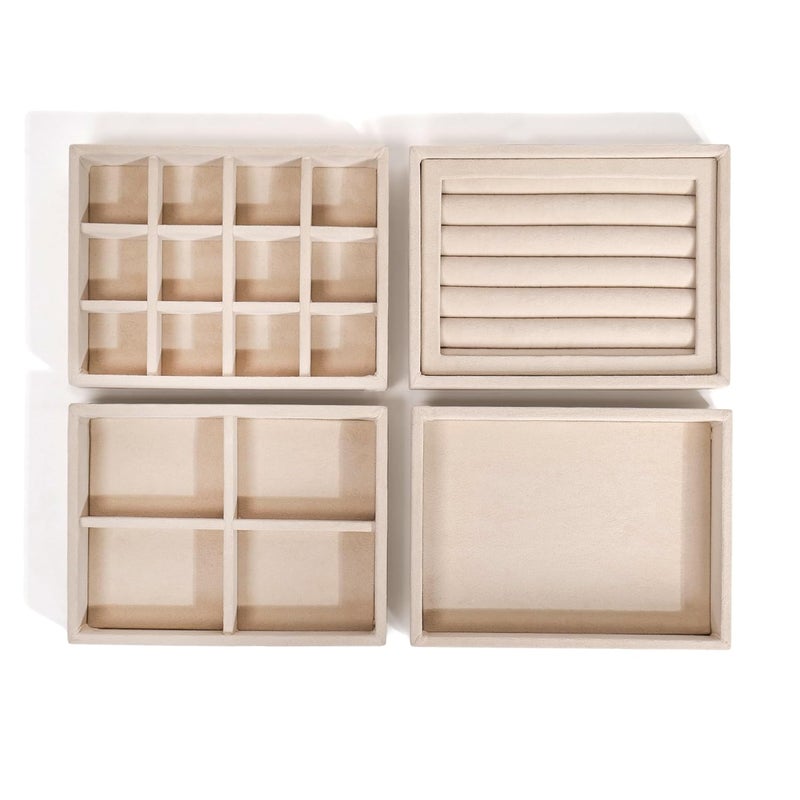 La Trove Luxury Velvet Stackable Jewellery Trays Drawer Display Organiser Tray for Jewelry Trinkets Set of 4 Trays Cream - Image 4