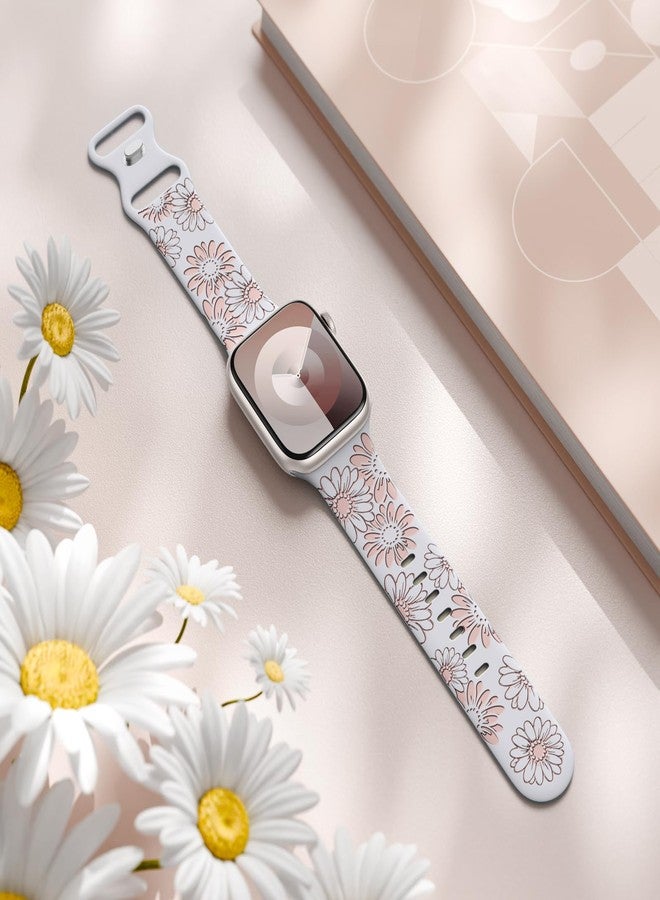 DaQin Floral Engraved Band Compatible with Apple Watch Band 38mm 40mm 41mm 42mm 44mm 45mm 49mm Women,Cute Flower Soft Silicone Sport Strap for iWatch Bands Series 9 8 7 6 5 4 3 2 1 Ultra SE,White/Pink - Image 2