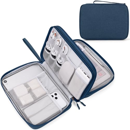 FYY Electronic Organizer, Extra Large Travel Cable Organizer Bag Pouch Portable Waterproof Double Layers All-in-One Storage Bag for iPad, Cable, Power Bank, Laptop Charger for Office/Home, Navy - Image 1
