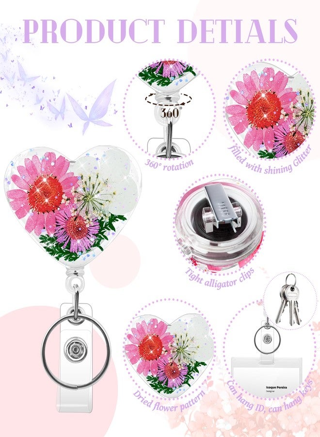 KJQJLY 3 Pcs Cute Flower Badge Reels Retractable for Nurse, Dried Floral Resin Badge Holder with Key Ring, Decorative Nursing Badge Clip for Women Doctor Teacher ID Card (Assorted Colors) - Image 3