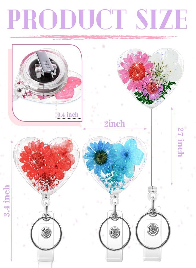 KJQJLY 3 Pcs Cute Flower Badge Reels Retractable for Nurse, Dried Floral Resin Badge Holder with Key Ring, Decorative Nursing Badge Clip for Women Doctor Teacher ID Card (Assorted Colors) - Image 2