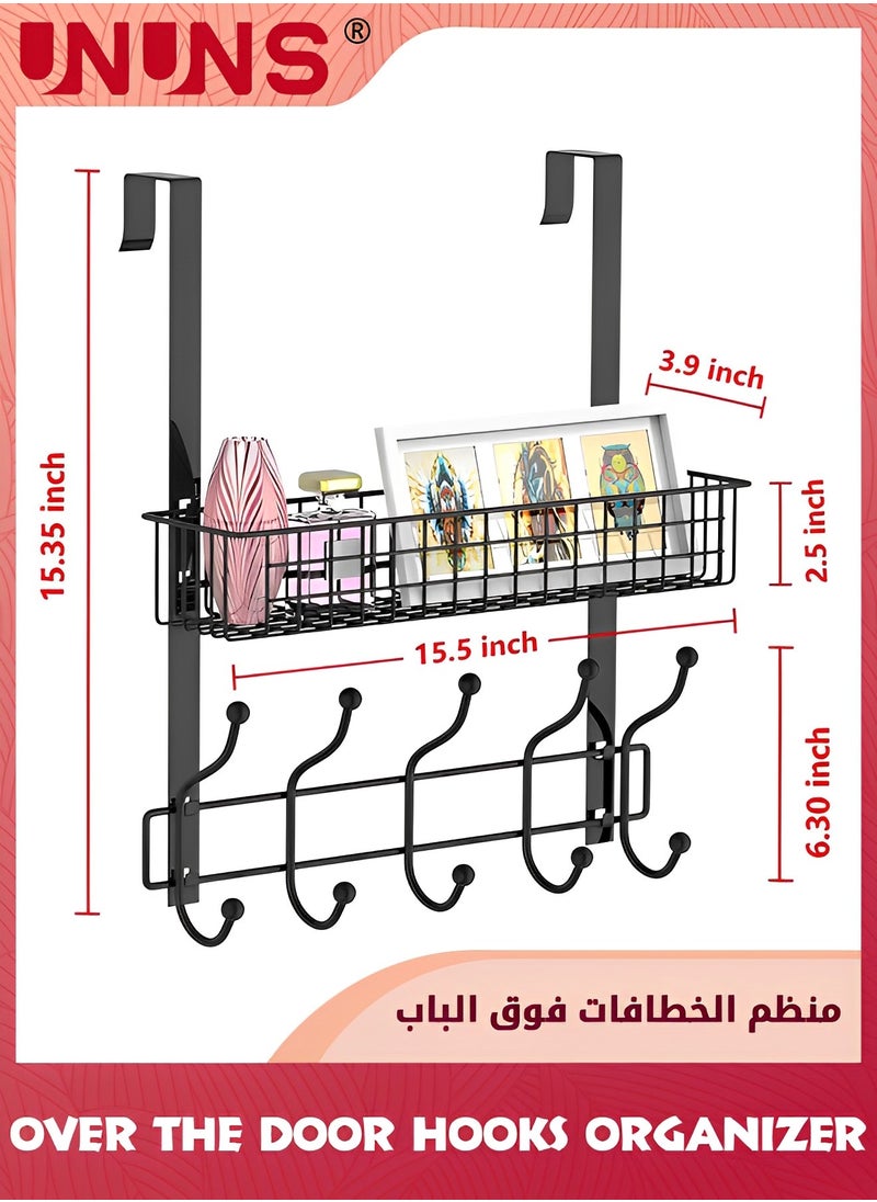 UNUNS Over The Door Hanger Hooks,2-Tier Behind Door Towel Rack,Organizer Hanger With 5 Hooks And Basket For Barthroom, Bedroom Kitchen And Pantry,Back of Door Storage Shelf For Coat  - Image 2
