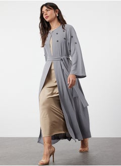 trendyol Gray Belted Stone Accessory Woven Cap & Abaya & Abaya TCTSS24KF00038  - Image 1