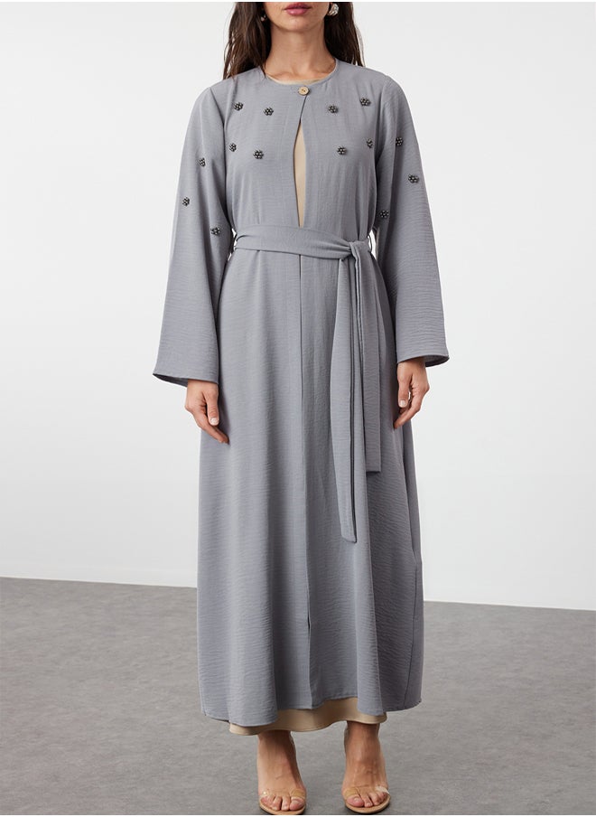 trendyol Gray Belted Stone Accessory Woven Cap & Abaya & Abaya TCTSS24KF00038  - Image 3