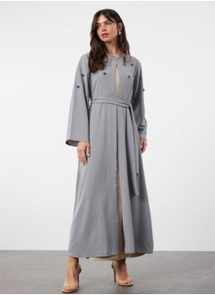 trendyol Gray Belted Stone Accessory Woven Cap & Abaya & Abaya TCTSS24KF00038  - Image 2