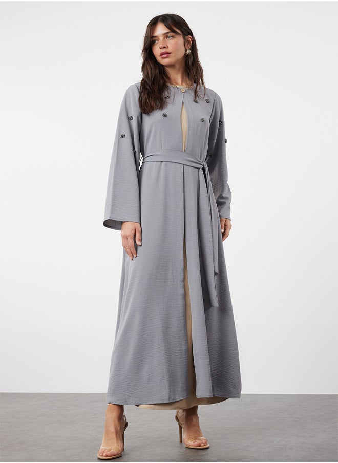 trendyol Gray Belted Stone Accessory Woven Cap & Abaya & Abaya TCTSS24KF00038  - Image 2