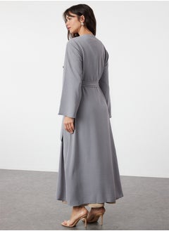 trendyol Gray Belted Stone Accessory Woven Cap & Abaya & Abaya TCTSS24KF00038  - Image 5