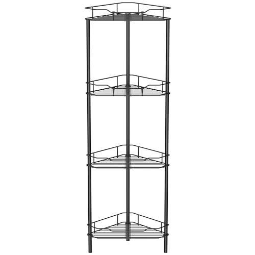 HuggieGems 4 Tier Floor Standing Corner Shower Caddy Organizer Shelf with Hooks, Bathroom Shelves Stand Rack, Black - Image 1