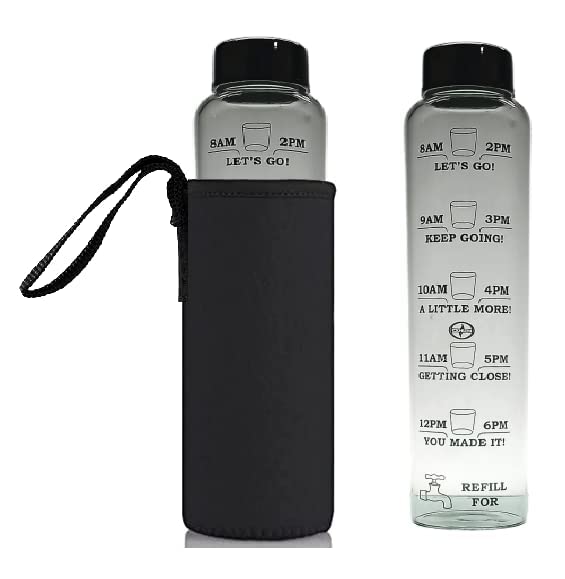 ISKO® Borosilicate glass water bottle 1 ltr. with motivational time marking with 2 steel caps and with protective fabric cover, Heat resistant/Dish washer/Microwave safe - Image 1