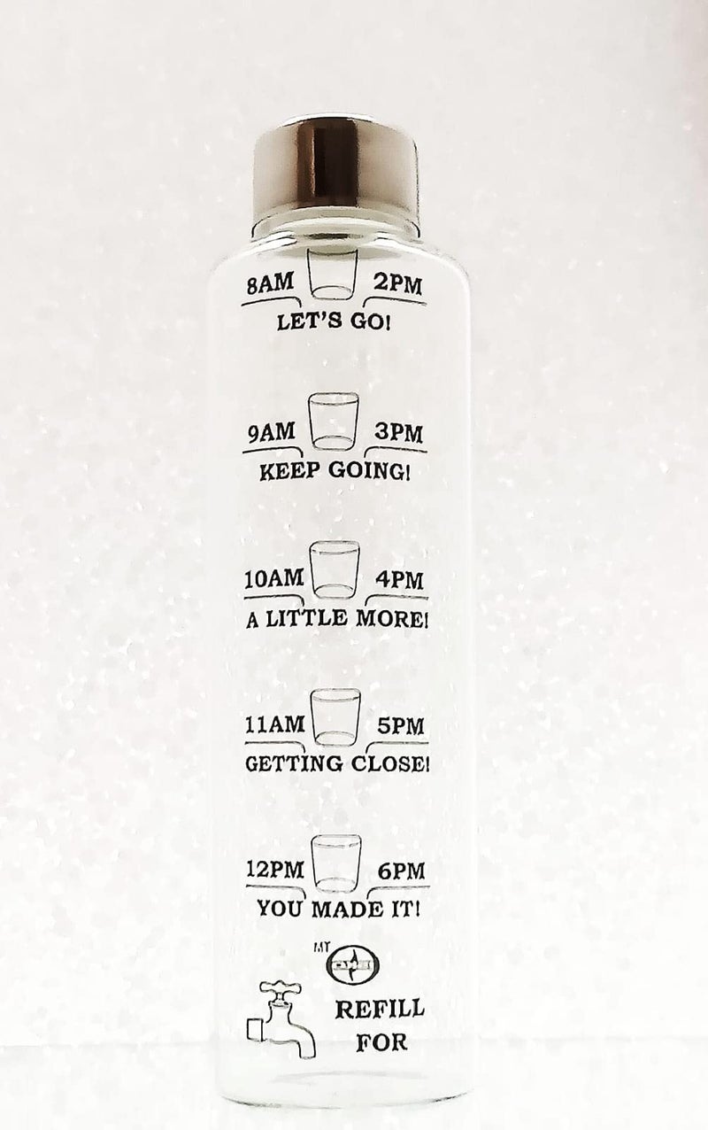 ISKO® Borosilicate glass water bottle 1 ltr. with motivational time marking with 2 steel caps and with protective fabric cover, Heat resistant/Dish washer/Microwave safe - Image 2