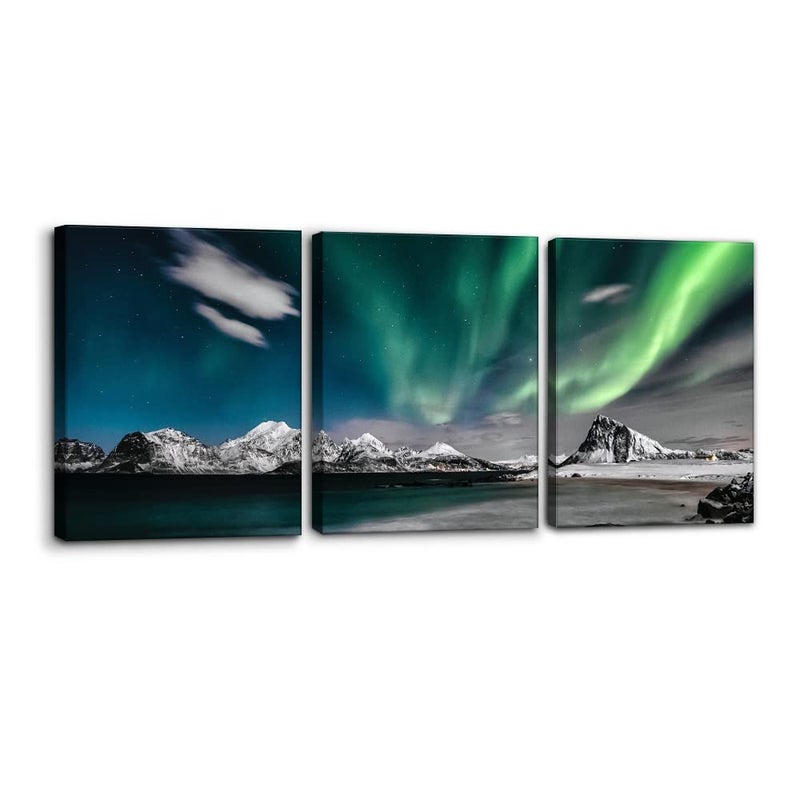 Pacimo Canvas Wall Art Aurora Scenery Painting on Canvas for Living Room Decoration Natural Landscape Canvas Paintings 3 Piece Bedroom Home Office Decor Stretched Framed Ready to Hang  12 x 16 x 3