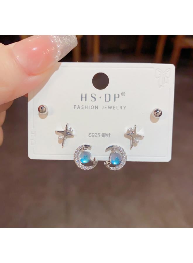 S925 Silver Needle Micro Inlaid Zircon Short Earrings Short Hair Earrings And Korean Elegant All-match Simple Three-piece Set Earrings For Women 