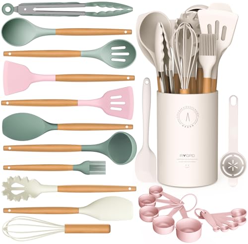 AVGPD Silicone Cooking Utensils Set - Silicone Kitchen Utensils for Cooking Wooden Handles, 446°F Heat Resistant Kitchen Utensil Spatula Sets w Holder, Gadgets for Non-Stick Cookware BPA FREE (Multicolour) - Image 1
