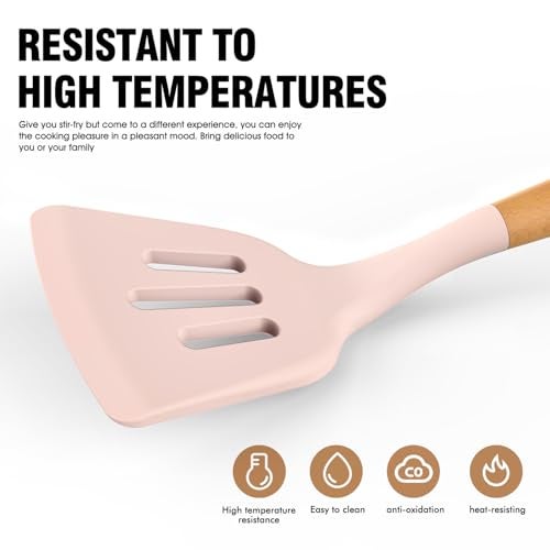 AVGPD Silicone Cooking Utensils Set - Silicone Kitchen Utensils for Cooking Wooden Handles, 446°F Heat Resistant Kitchen Utensil Spatula Sets w Holder, Gadgets for Non-Stick Cookware BPA FREE (Multicolour) - Image 2