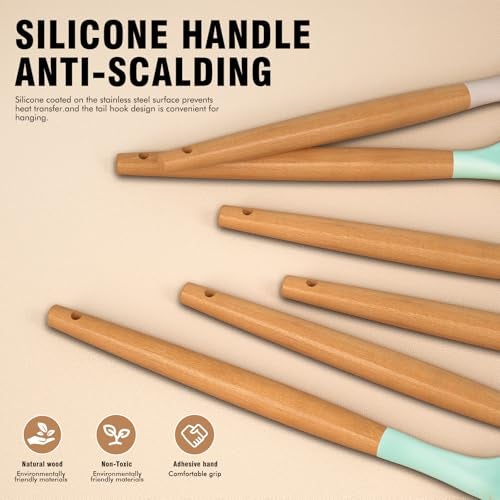 AVGPD Silicone Cooking Utensils Set - Silicone Kitchen Utensils for Cooking Wooden Handles, 446°F Heat Resistant Kitchen Utensil Spatula Sets w Holder, Gadgets for Non-Stick Cookware BPA FREE (Multicolour) - Image 3