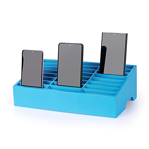 Ozzptuu 24-Grid Wooden Cell Phone Holder Desktop Organizer Storage Box for Classroom Office (Blue 24-Grid) - Image 1