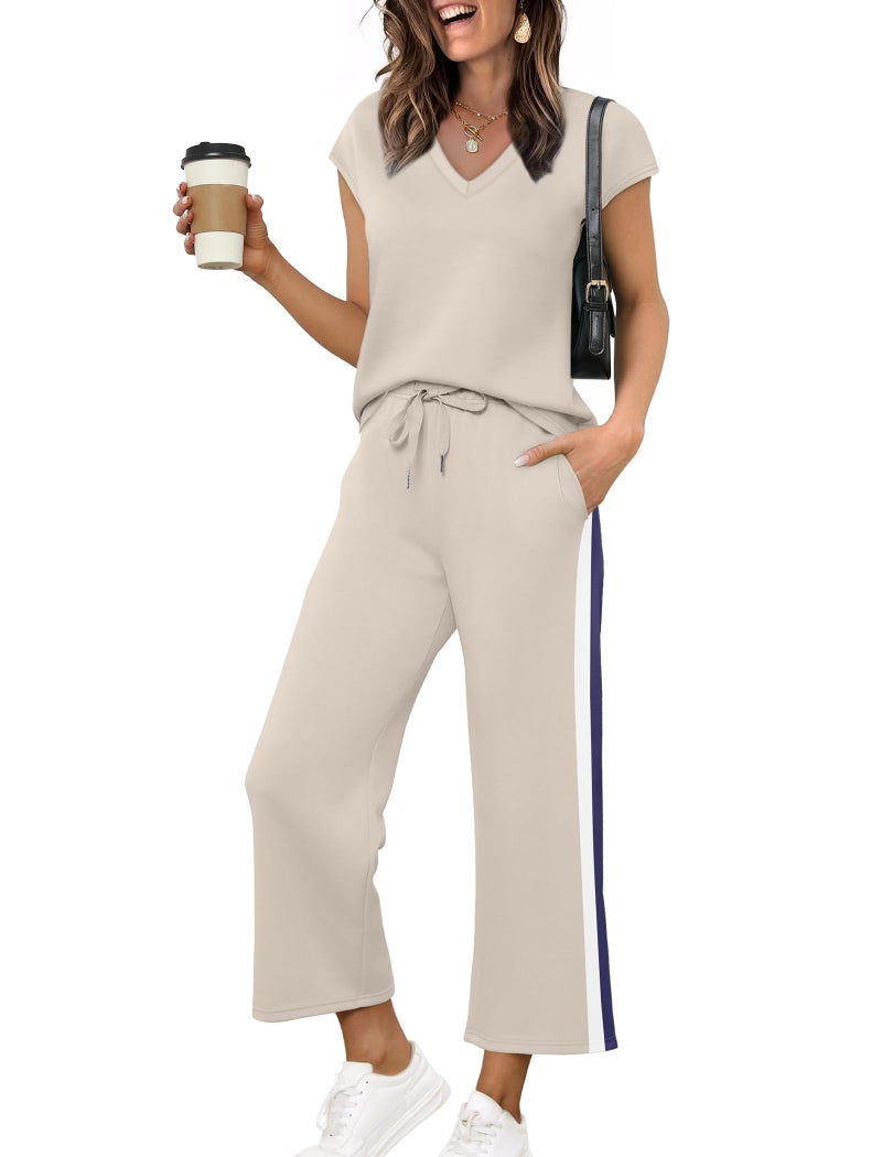 Saloogoe Women's 2 Piece Set Casual Summer V Neck T Shirts Wide Leg Pants Sets Matching Sets Women Clothing Lounge Sweat Set Travel Airport Outfits - Image 1