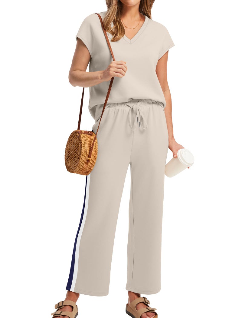Saloogoe Women's 2 Piece Set Casual Summer V Neck T Shirts Wide Leg Pants Sets Matching Sets Women Clothing Lounge Sweat Set Travel Airport Outfits - Image 2